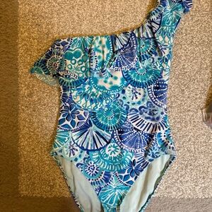 Lilly Pulitzer Blue and Green One-Shoulder Swimsuit